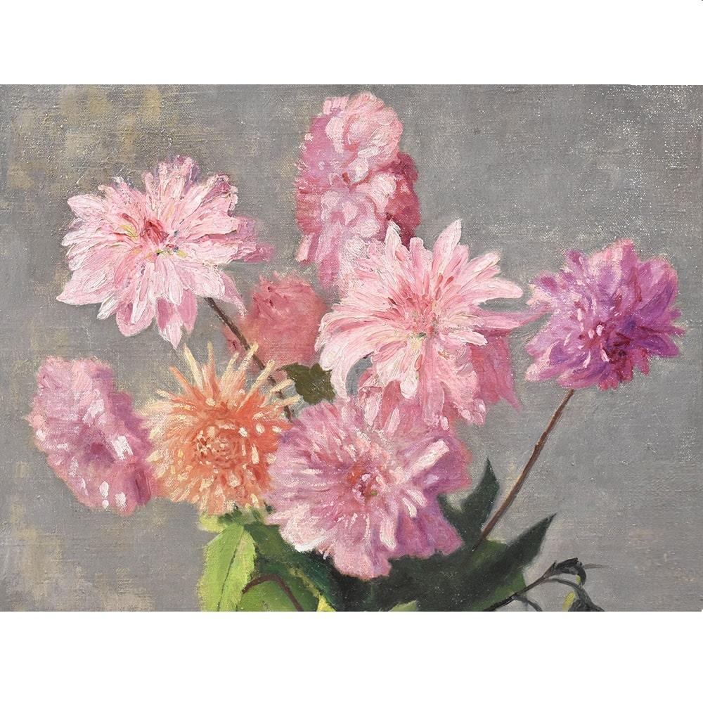 Art Deco Still Life Painting, Flowers Vase Painting, Dahlias, Oil on Canvas In Good Condition In Breganze, VI