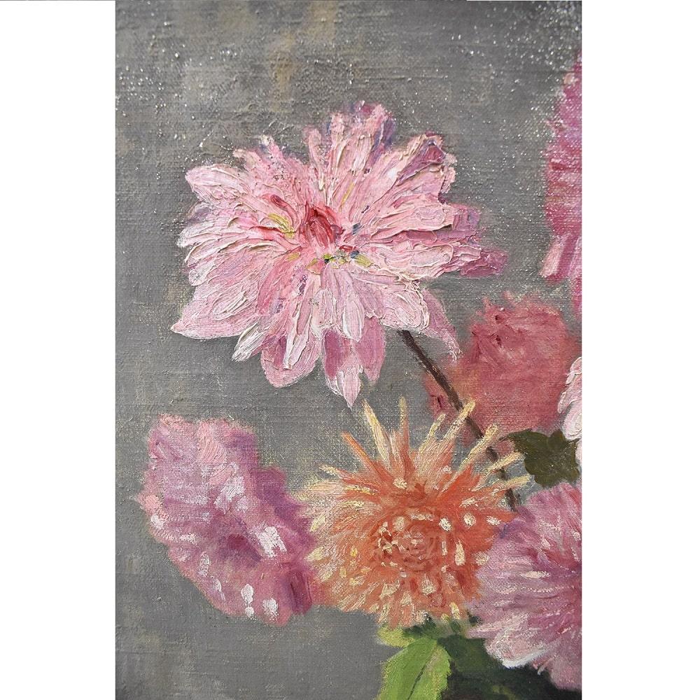 Art Deco Still Life Painting, Flowers Vase Painting, Dahlias, Oil on Canvas 1