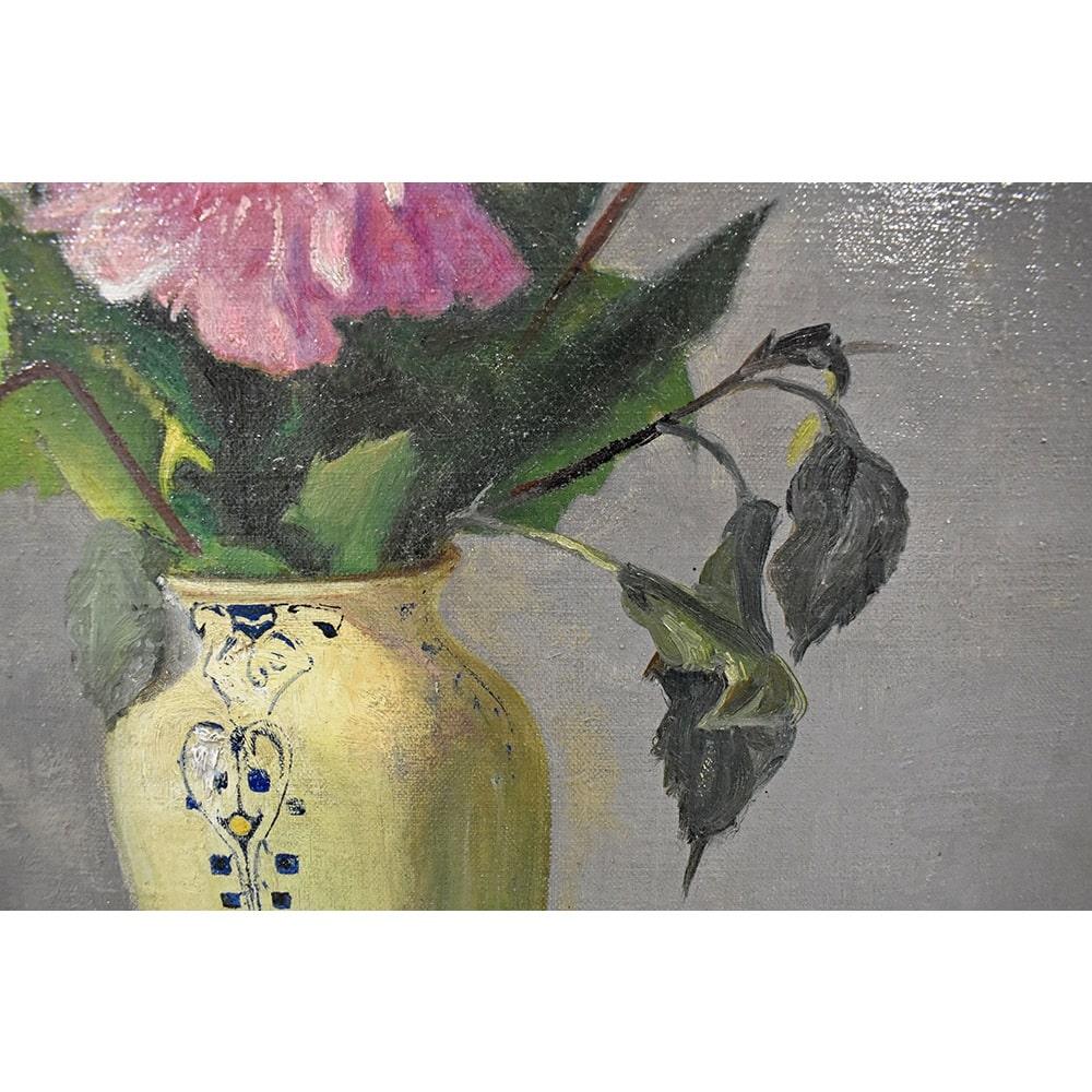 Art Deco Still Life Painting, Flowers Vase Painting, Dahlias, Oil on Canvas 2