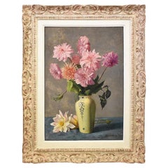 Art Deco Still Life Painting, Flowers Vase Painting, Dahlias, Oil on Canvas