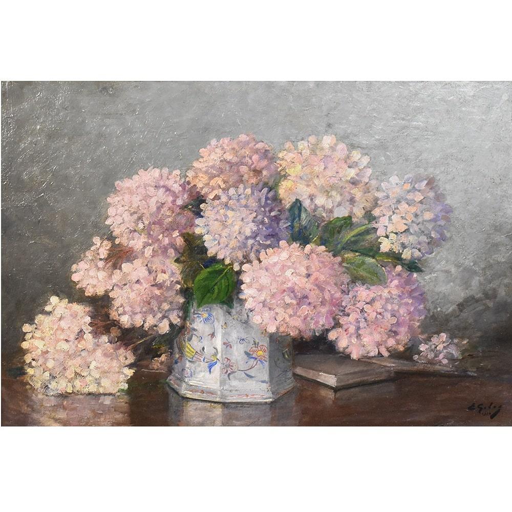 Flowers artwork, antique oil painting, Art Deco, Still Life of Hydrangea proposed here is an
oil painting on Canvas of the Twentieth Century, 1934s. 

It also has a beautiful and original gold leaf frame from the 19th century. 
It is a bouquet