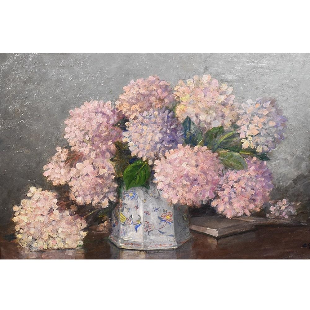 French Art Deco Still Life Painting, Flowers Vase Painting, Hydrangea, Oil on Canvas
