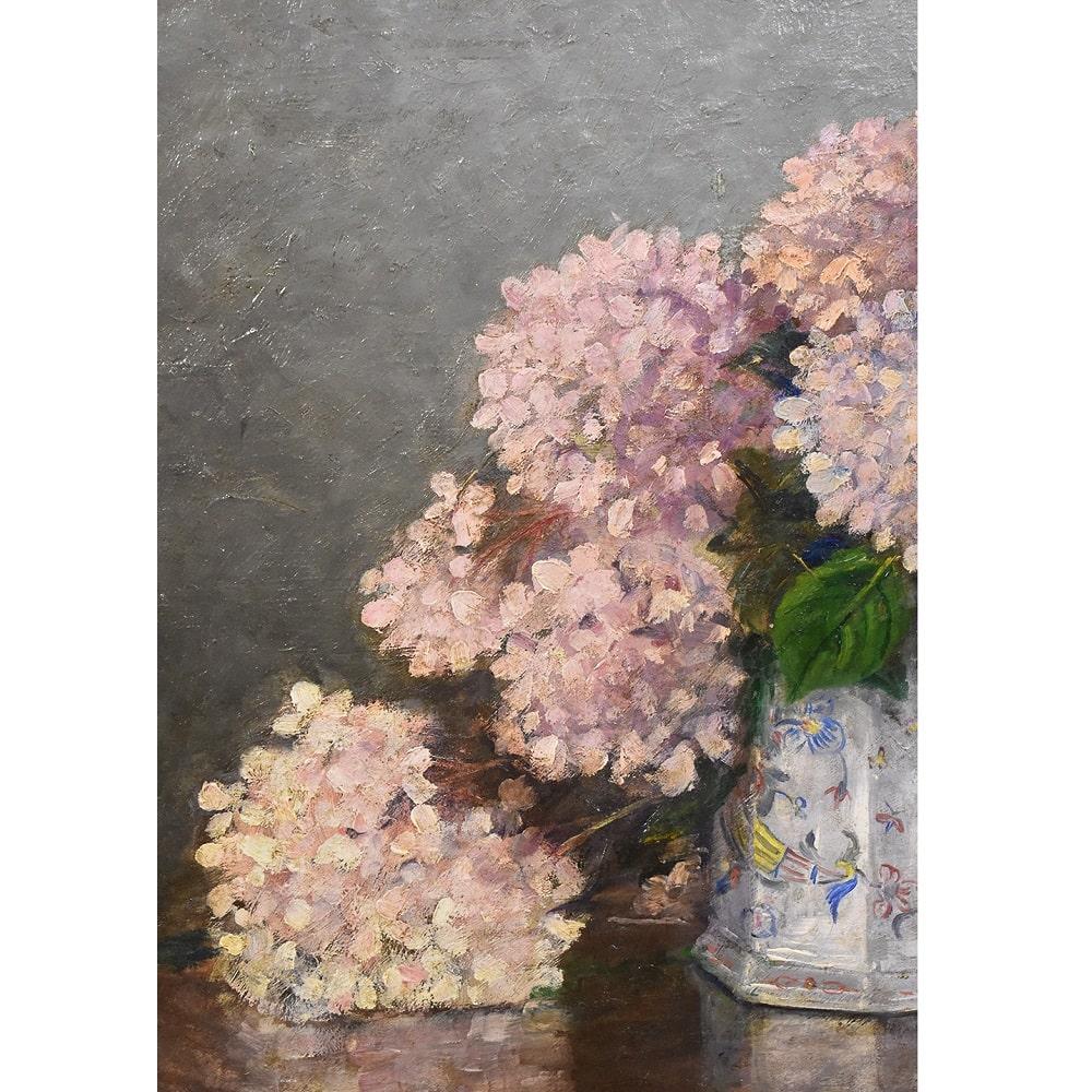 Art Deco Still Life Painting, Flowers Vase Painting, Hydrangea, Oil on Canvas In Good Condition In Breganze, VI