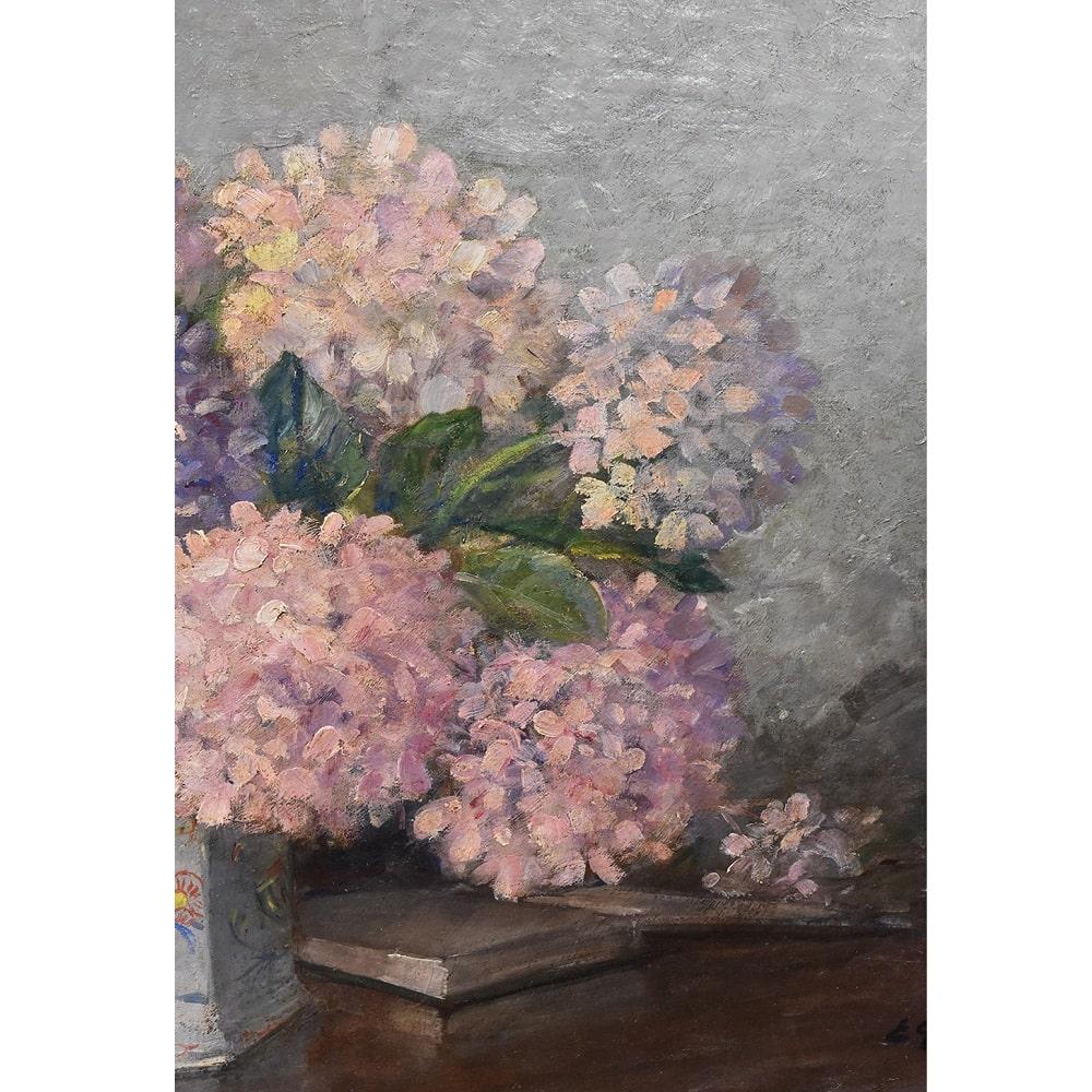 20th Century Art Deco Still Life Painting, Flowers Vase Painting, Hydrangea, Oil on Canvas