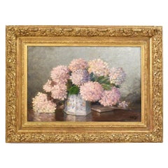 Antique Art Deco Still Life Painting, Flowers Vase Painting, Hydrangea, Oil on Canvas