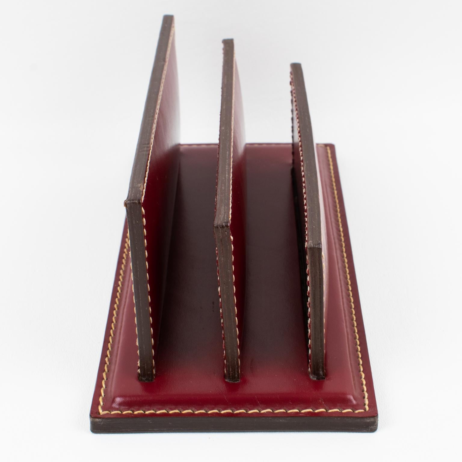 Art Deco Stitched Red Leather Desk Accessory Letter and Pen Holders 5