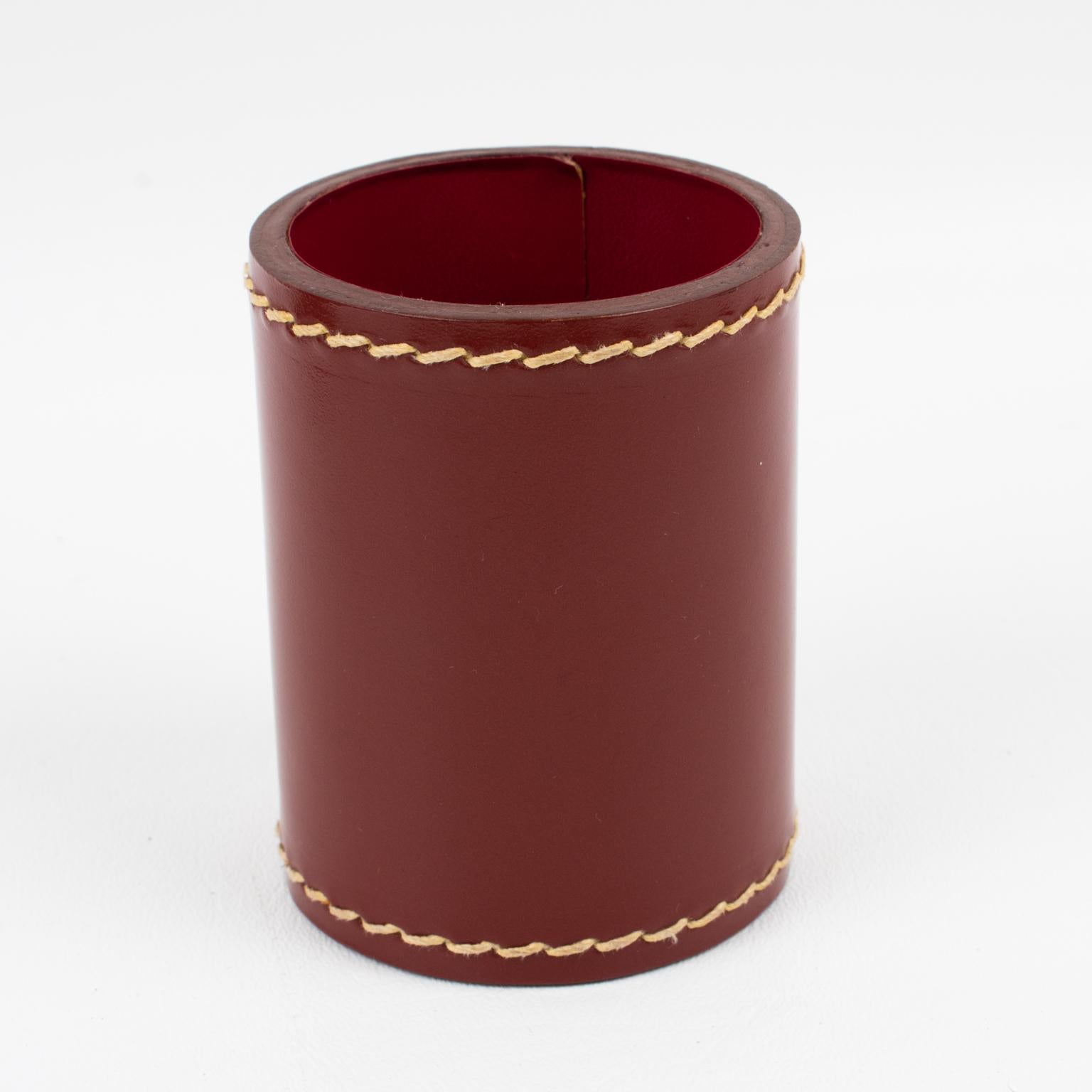 Art Deco Stitched Red Leather Desk Accessory Letter and Pen Holders 1