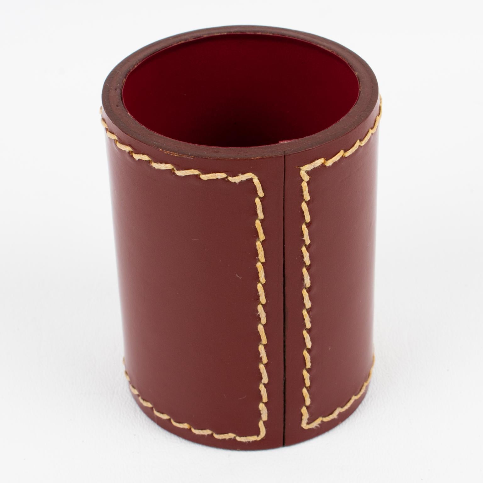 Art Deco Stitched Red Leather Desk Accessory Letter and Pen Holders 3