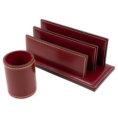 Art Deco Stitched Red Leather Desk Accessory Letter and Pen Holders