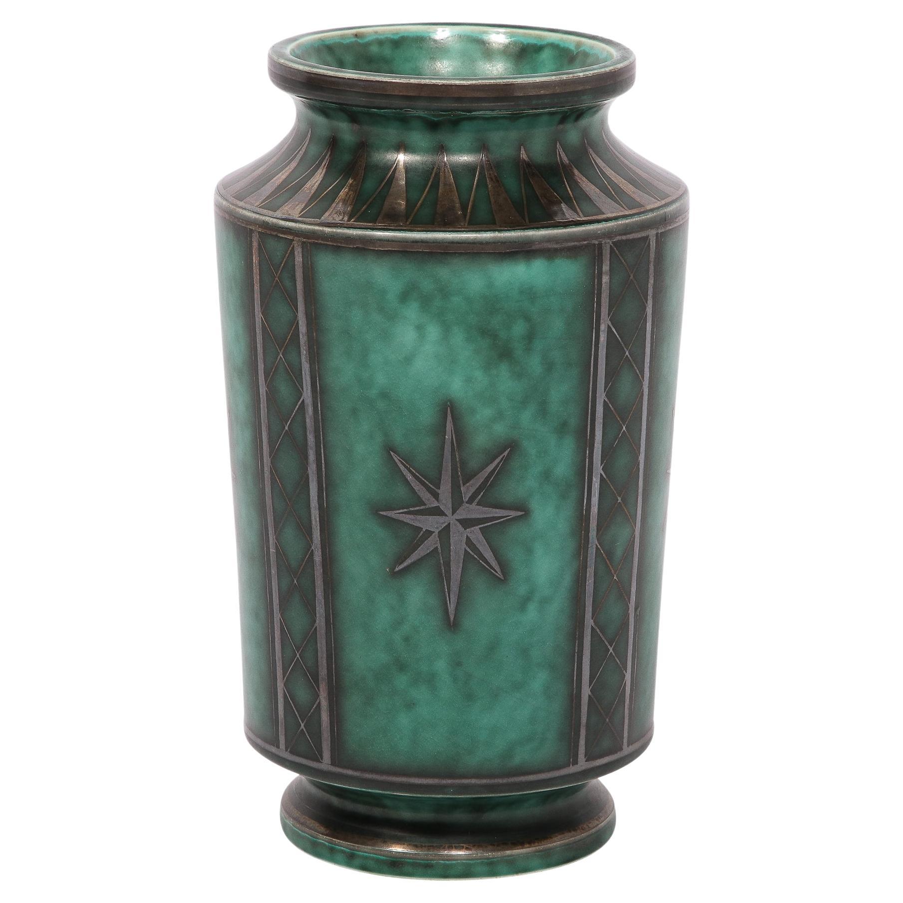 Art Deco Stoneware and Silver "Argenta" Vase by Wilhelm Kåge for Gustavsberg  For Sale