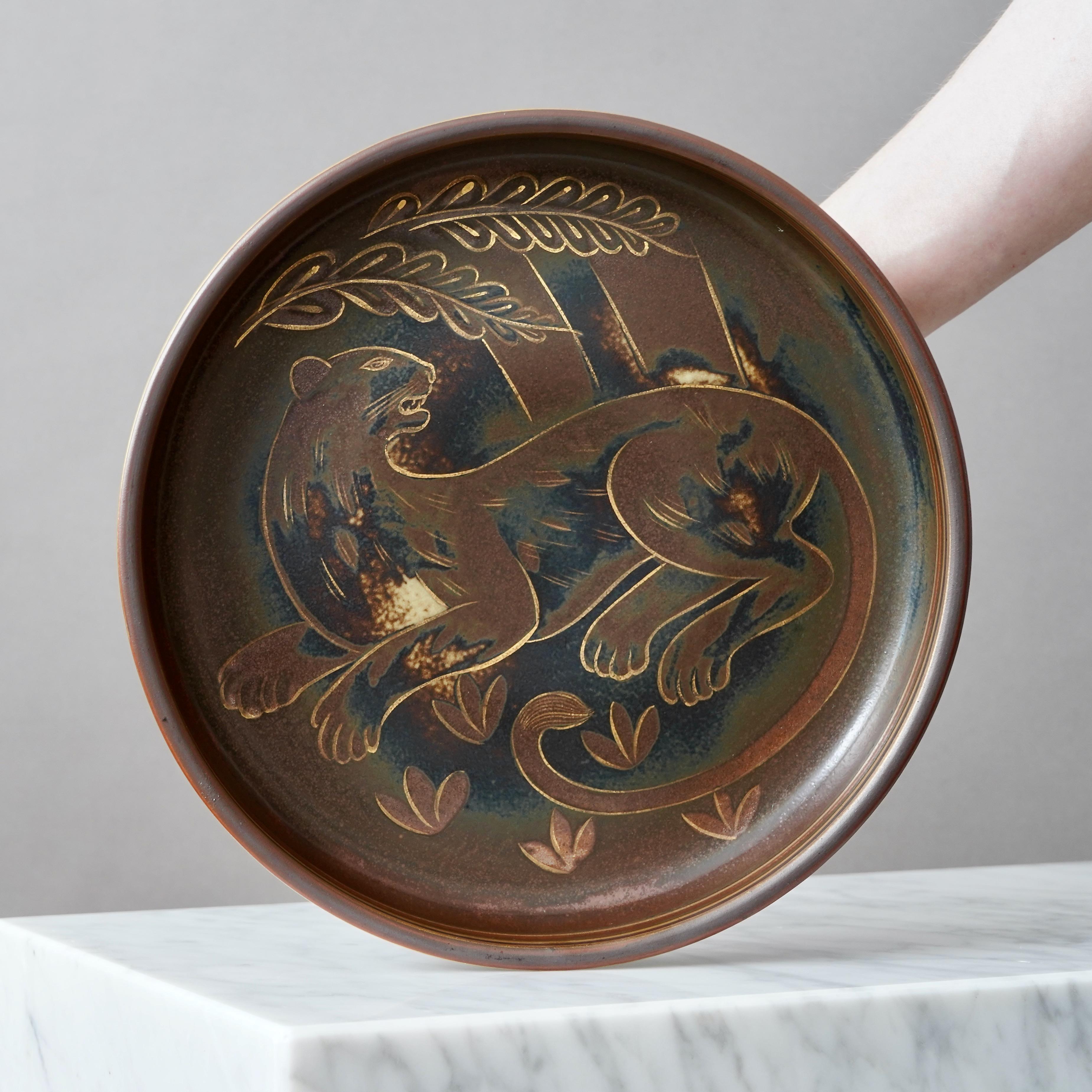 Cuenco con pie de gres Art decó de Gunnar Nylund. ALP, Suecia, años 30. Oro marrón. Sueco en venta