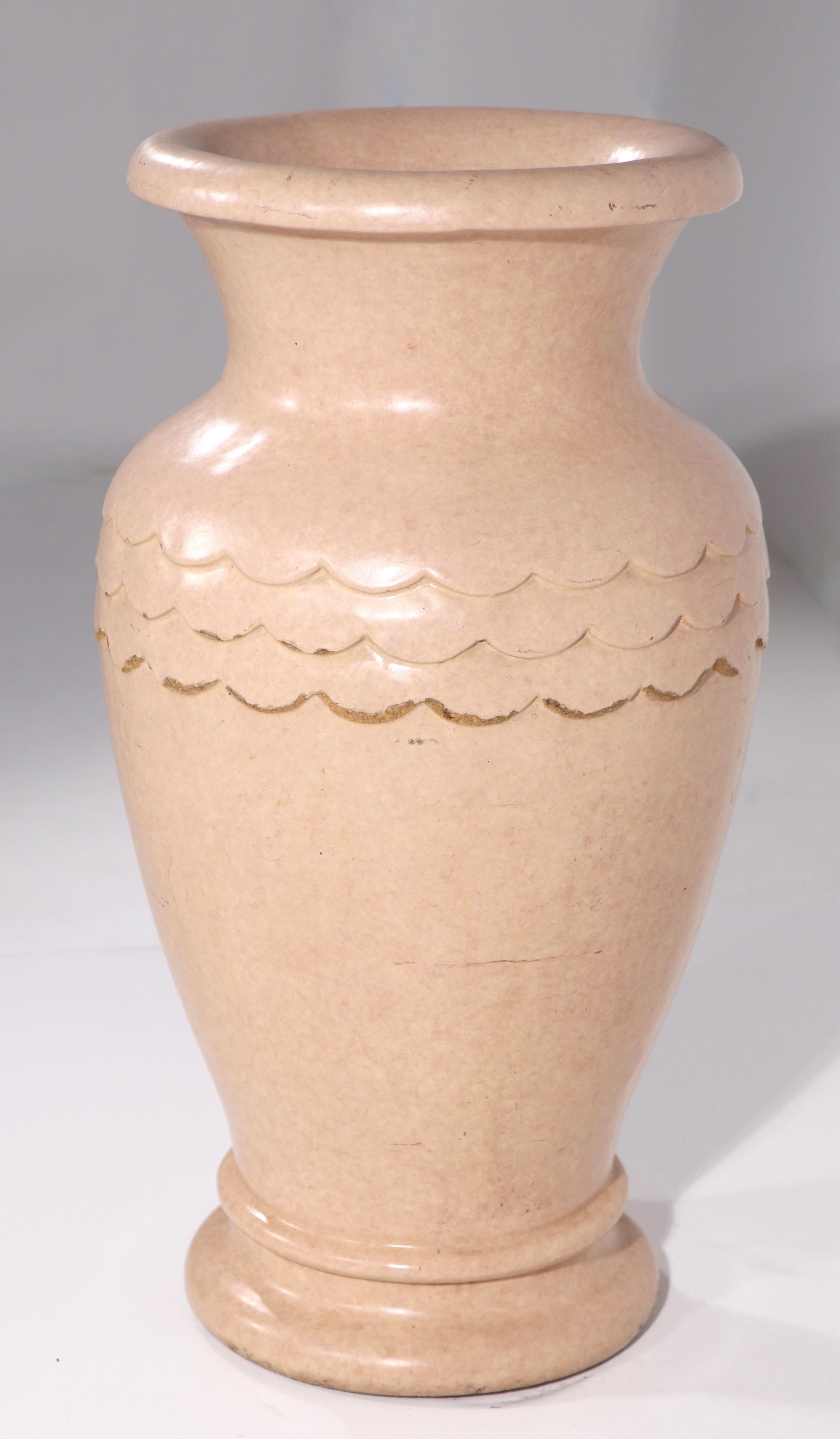 High style Art Deco stoneware urn, floor vase, cane or umbrella stand. This chic piece is marked with a clover mark, and reads Made in Perth Amboy NJ - along with other illegible markings. The urn is in very good, original condition, showing only