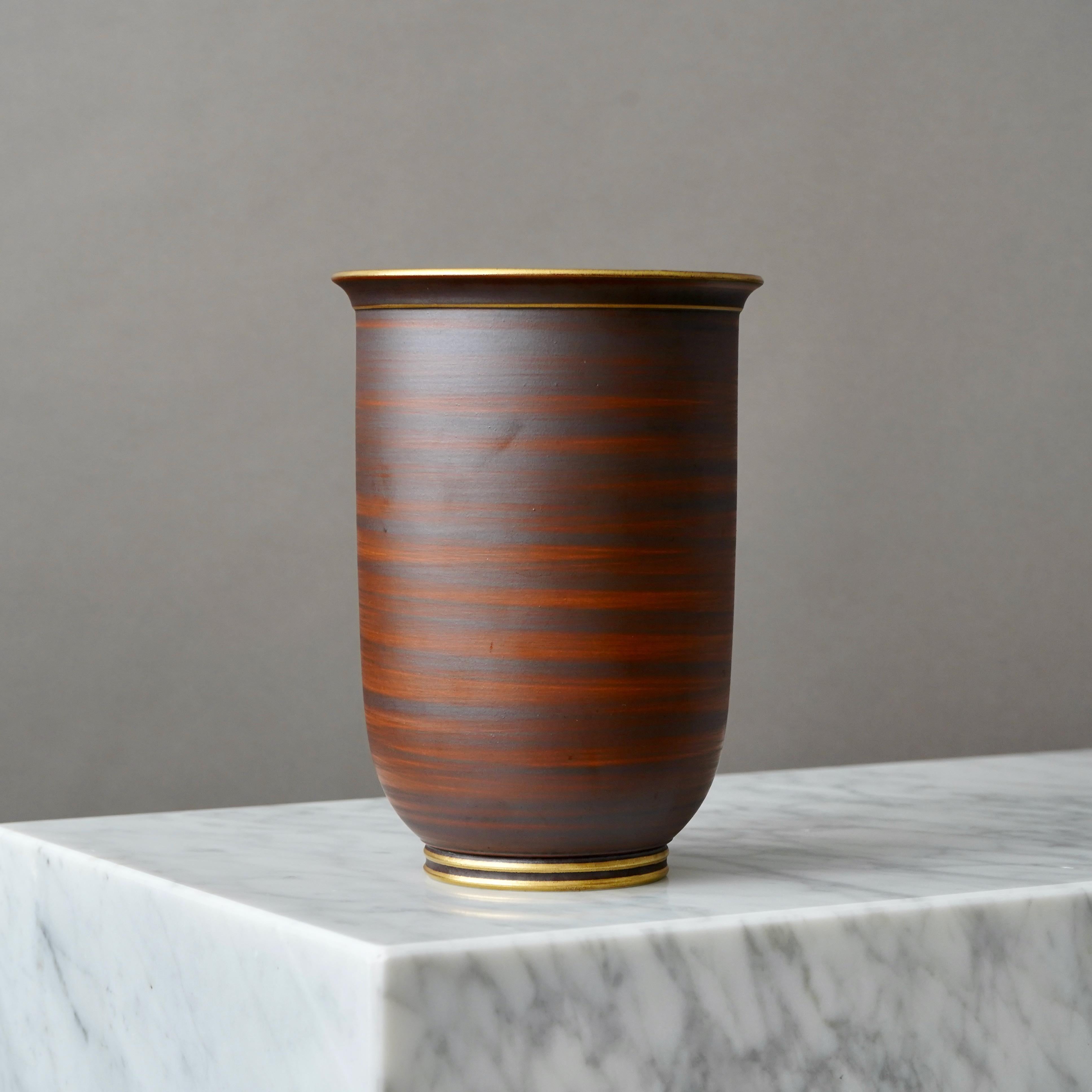 Art Deco Stoneware Vase in Brown and Gold by Gunnar Nylund. ALP, Sweden, 1930s 1