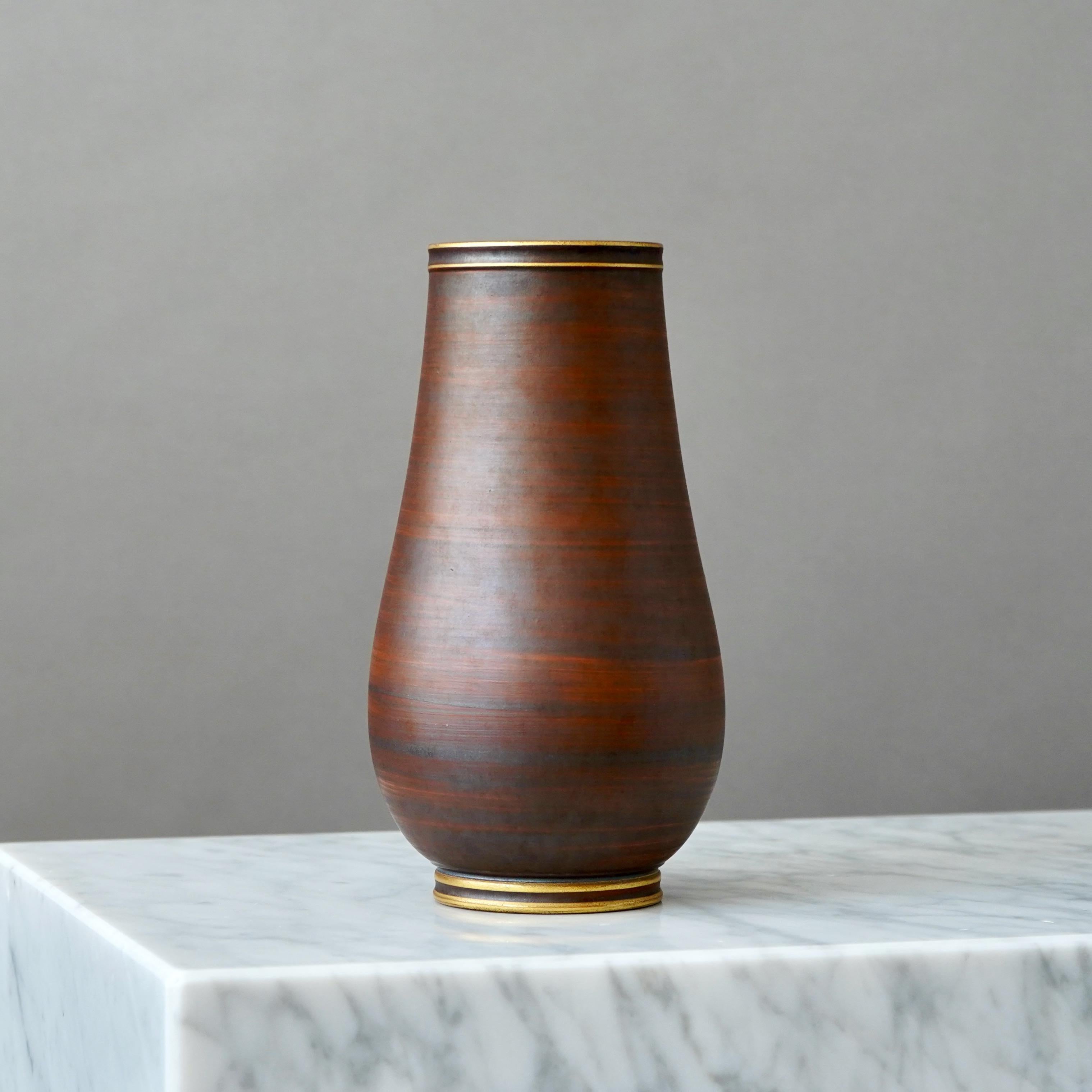 Ceramic Art Deco Stoneware Vase in Brown and Gold by Gunnar Nylund. ALP, Sweden, 1930s For Sale