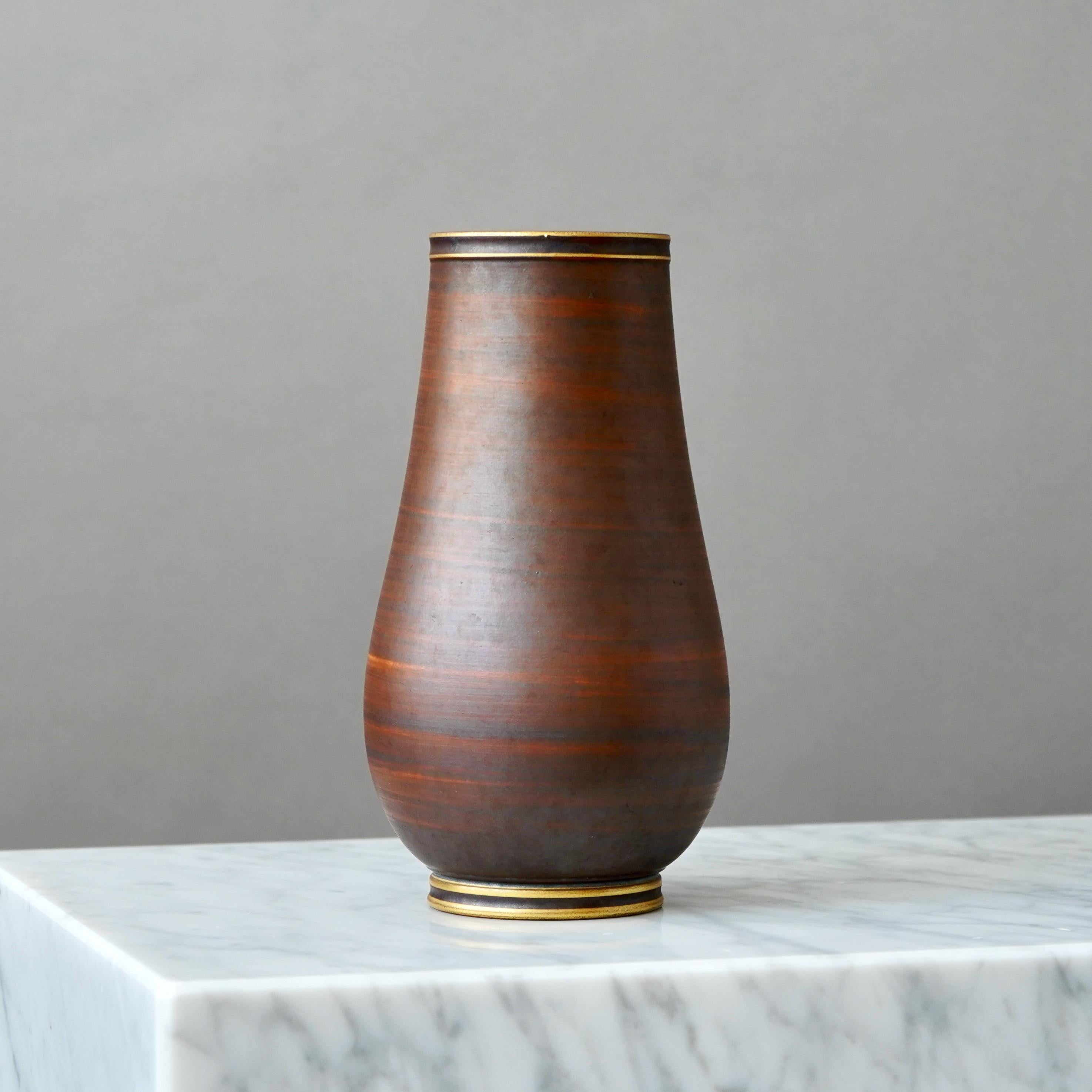 Art Deco Stoneware Vase in Brown and Gold by Gunnar Nylund. ALP, Sweden, 1930s For Sale 1