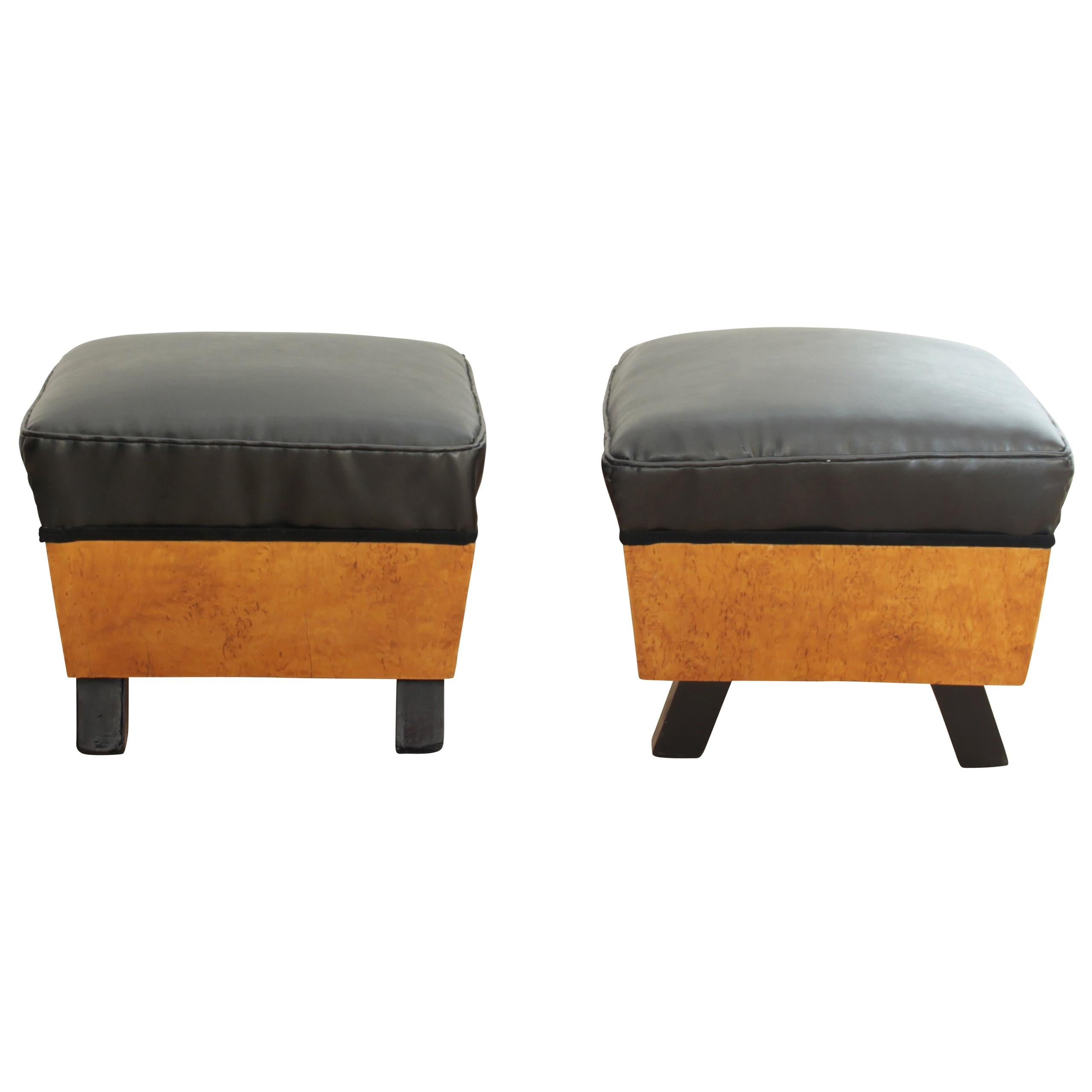 Art Deco Stool, Birch Roots, Faux Leather, France, circa 1930