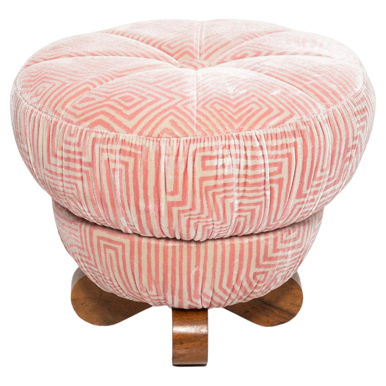 Art Deco stool by Jindrich Halabala in White and Pink Jamu Jungle Dedar Velvet