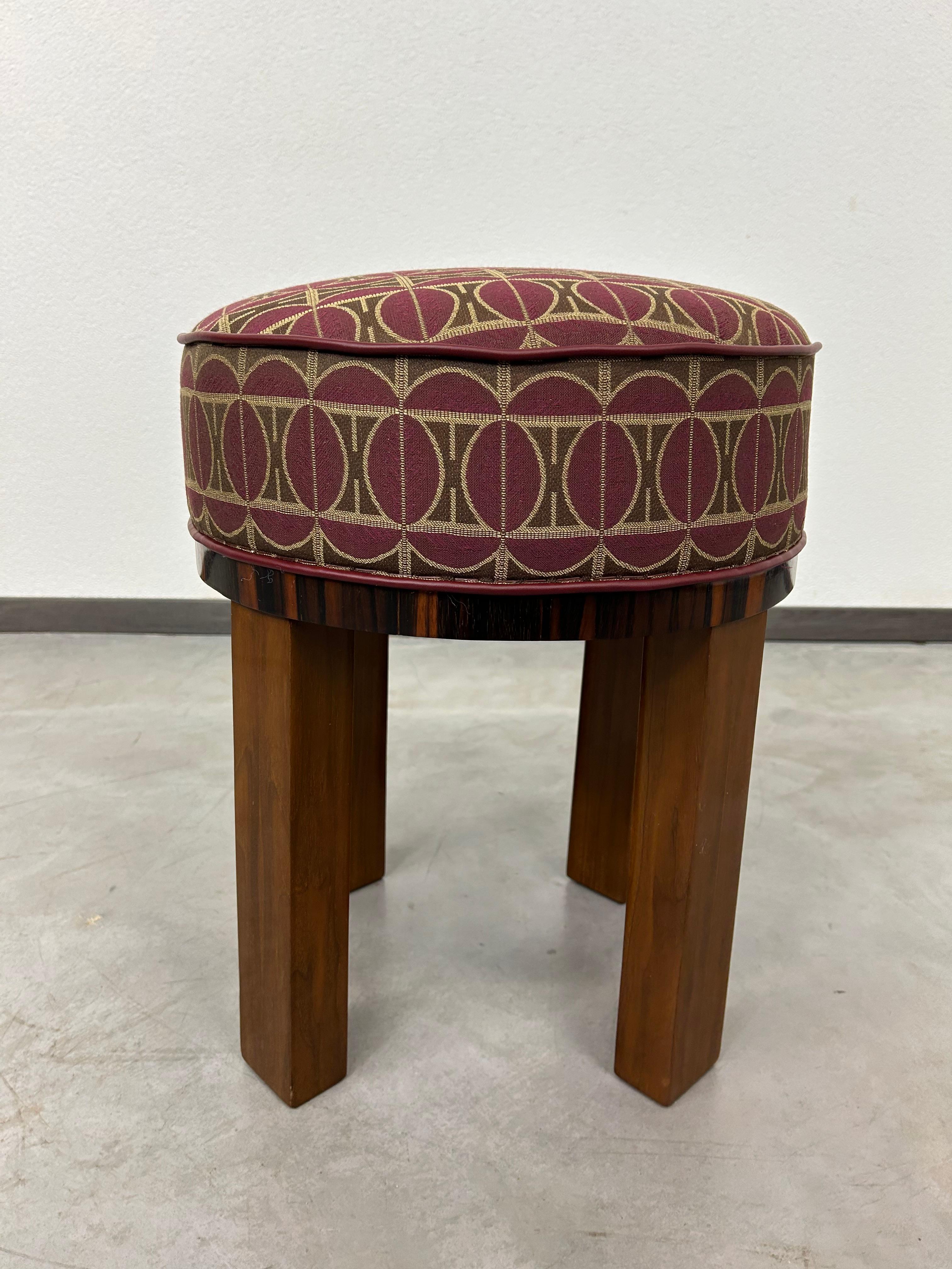 Art deco stool, combination of walnut and macassar burr, professionally stained and repolished.