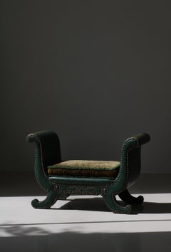 Large Art Deco Stool Green Leather & Suede, Otto Schultz for BOET, Sweden, 1930s