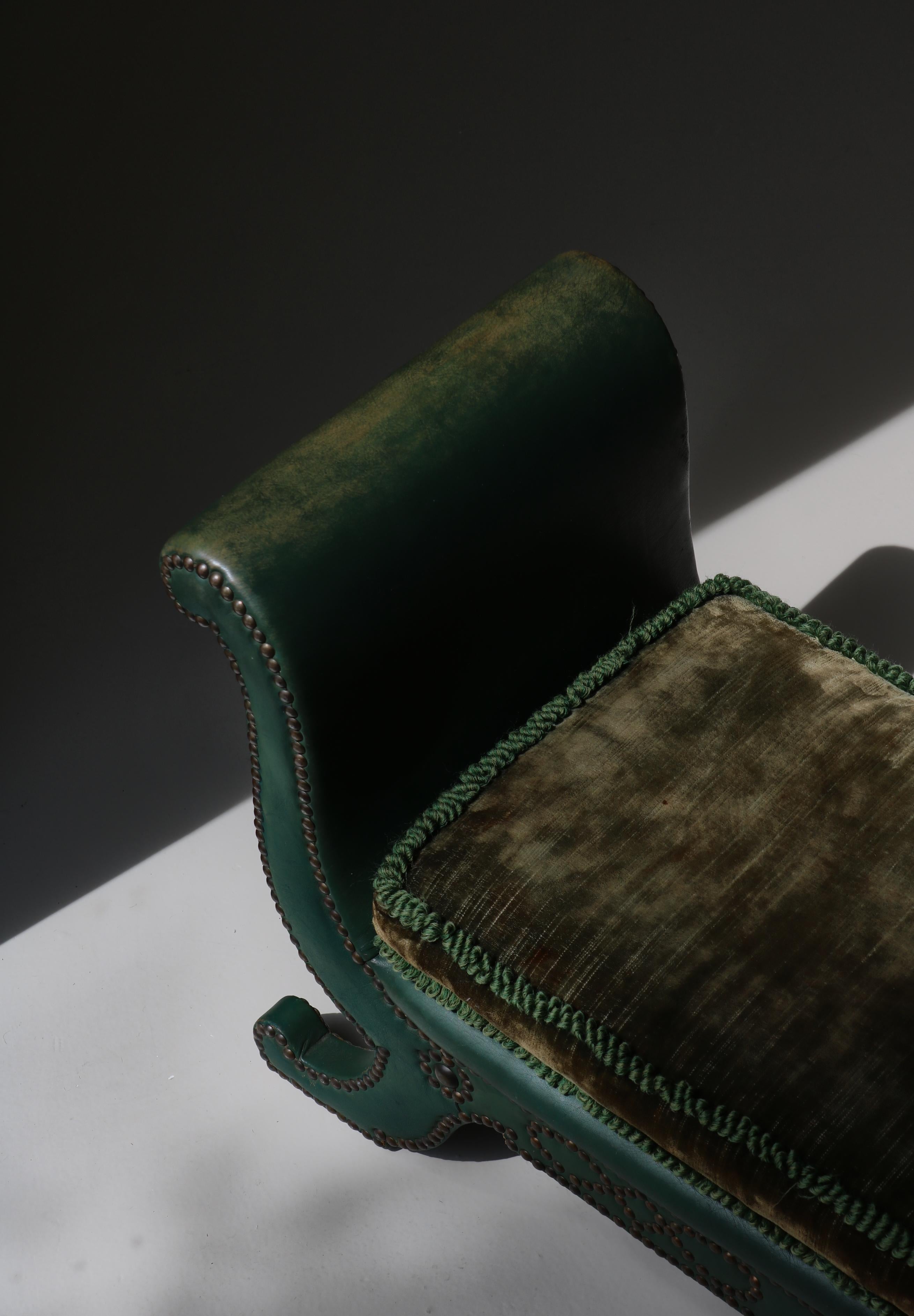 Grand tabouret Art Déco en cuir et daim vert, Otto Schultz pour BOET, Suède, années 1930 en vente 1