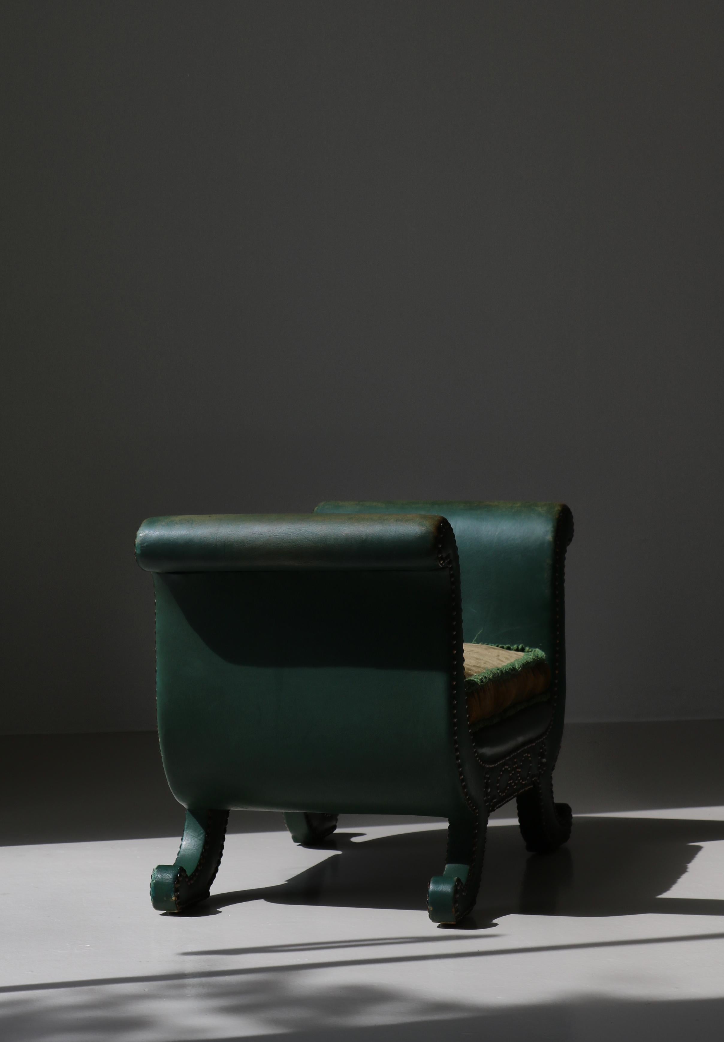 Grand tabouret Art Déco en cuir et daim vert, Otto Schultz pour BOET, Suède, années 1930 en vente 3