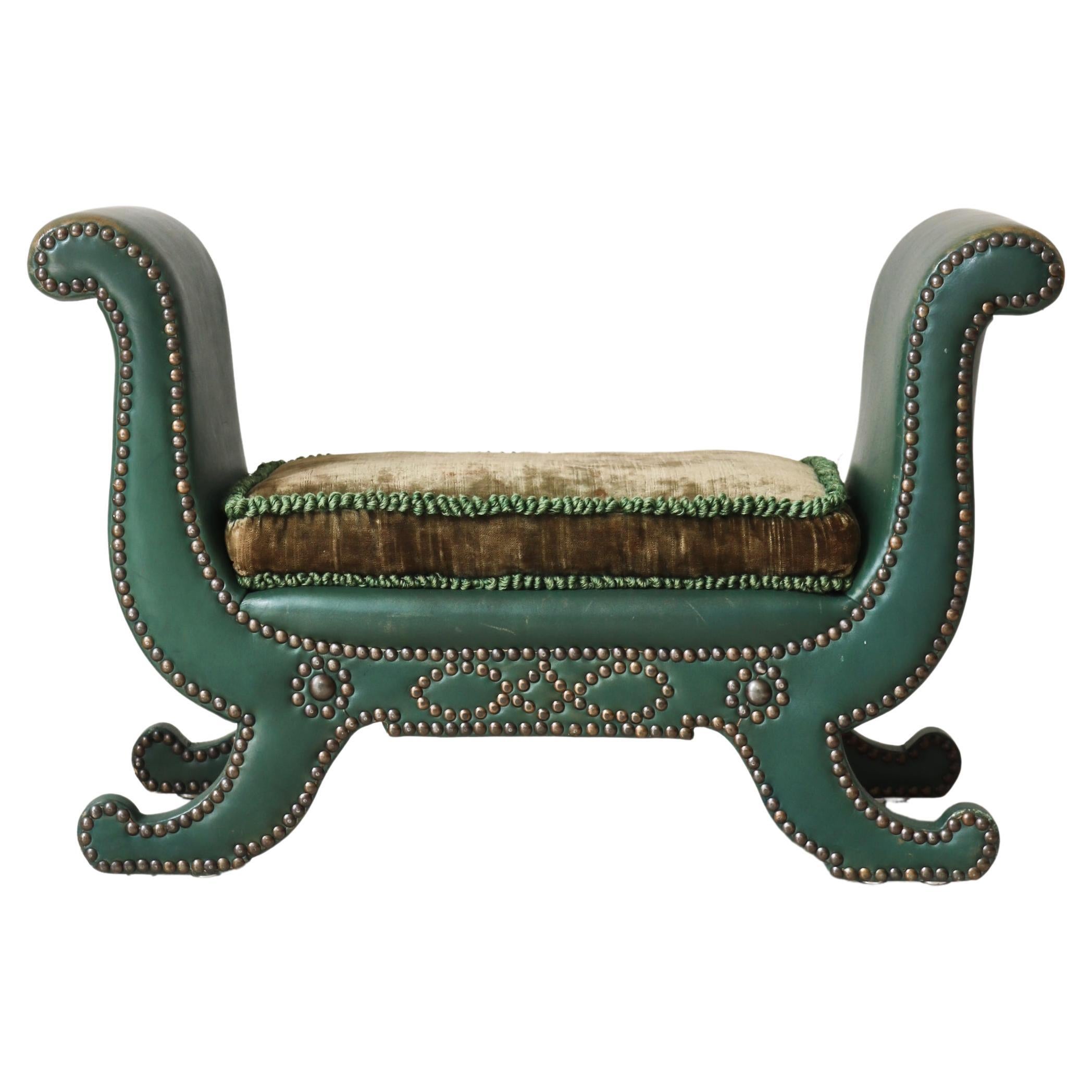 Large Art Deco Stool Green Leather & Suede, Otto Schultz for BOET, Sweden, 1930s