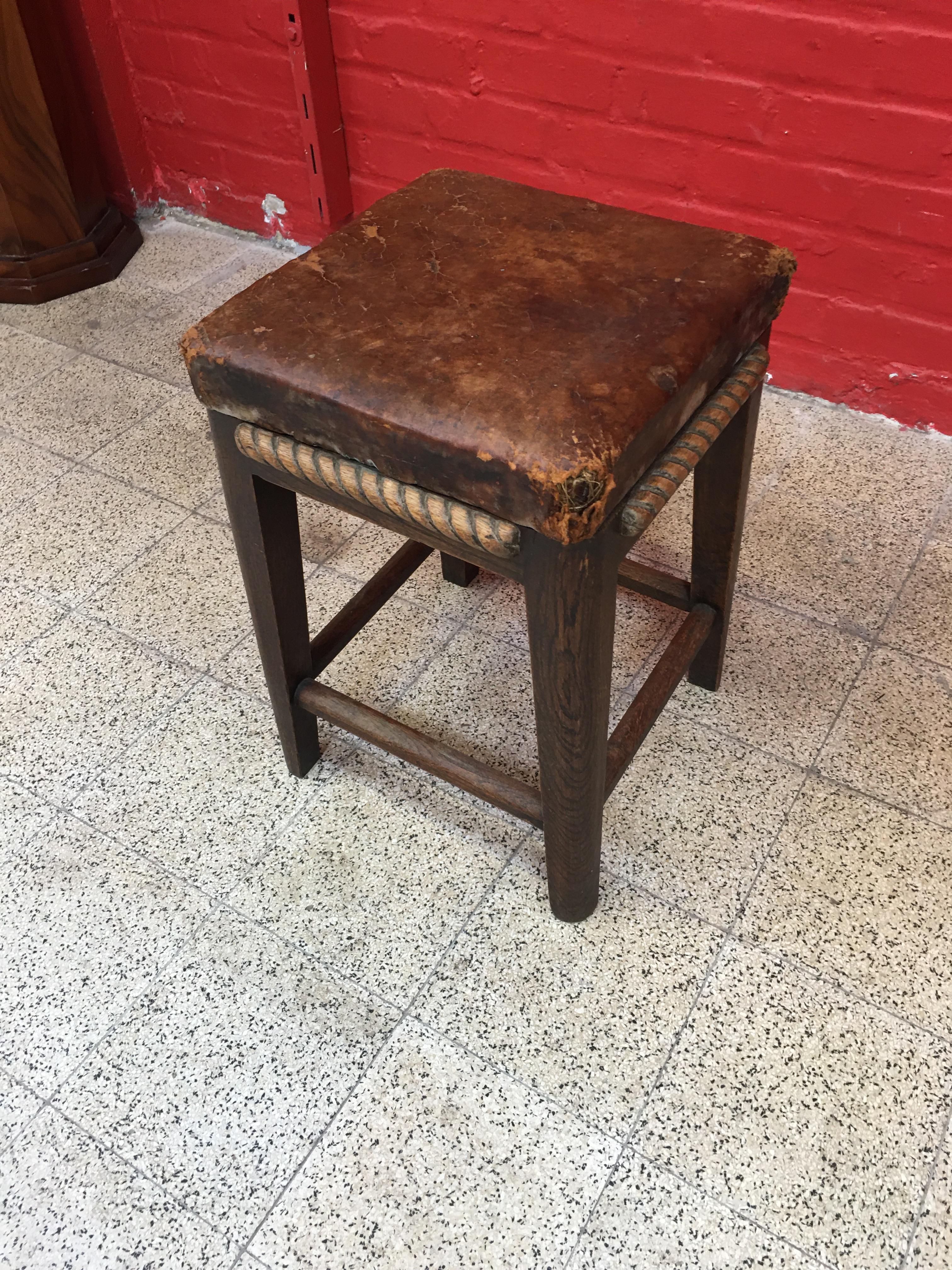 Mid-20th Century Art Deco Stool in Oak and Leather circa 1950, Carved Wooden Rope Decor For Sale