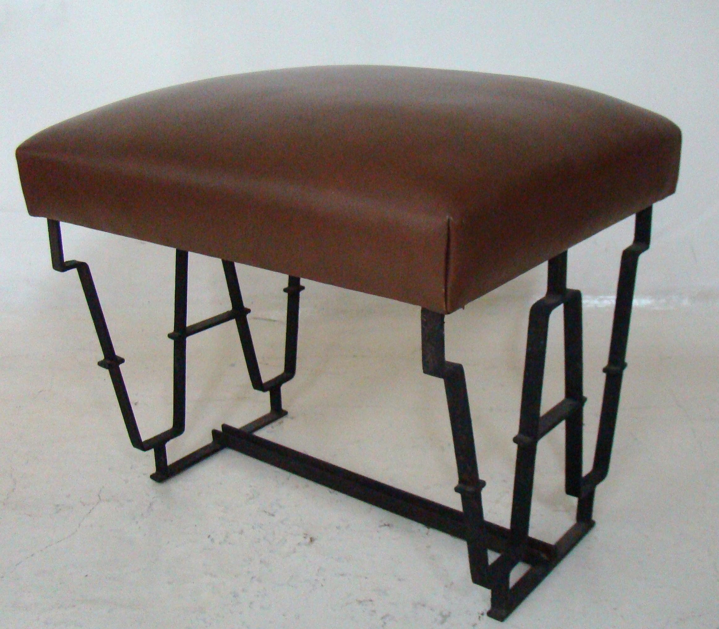 French Art Deco Stool, Material Iron and Brown Leather Country France, 1930 For Sale
