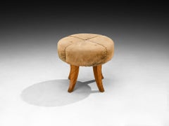 Art Deco Stool or Ottoman in Elm Wood and Beige Fabric
