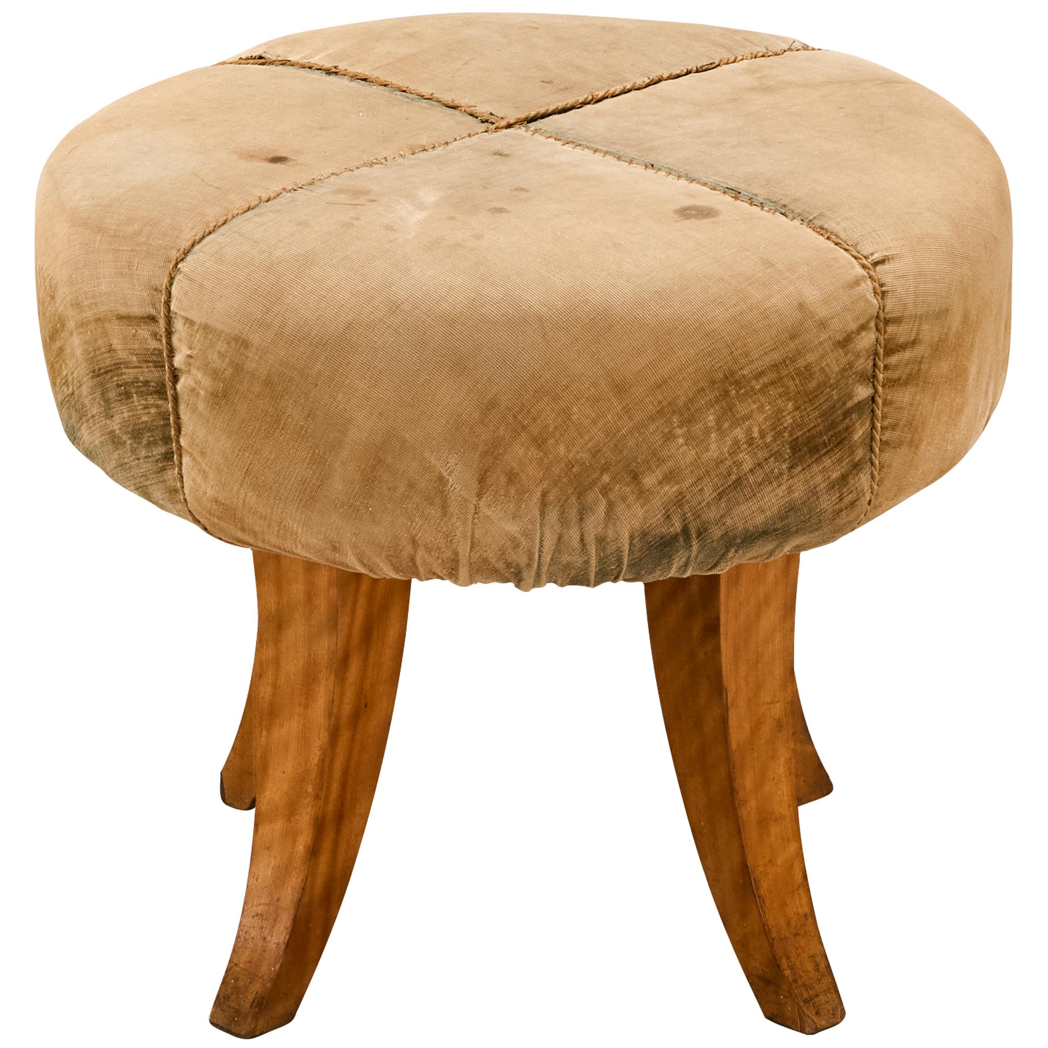 Art Deco Stool or Ottoman in Elm Wood and Beige Fabric