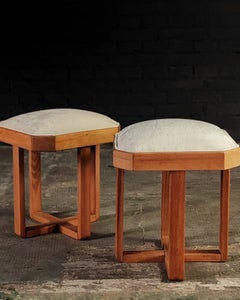 Art Deco Stools by Francis Jourdain, Beechwood & Velvet, France, 1920s