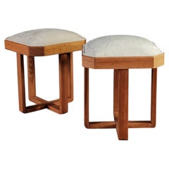Art Deco Stools by Francis Jourdain, Beechwood & Velvet, France, 1920s