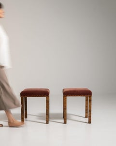 Lot de deux tabourets Art déco, tissu rouge rouille et bois, Allemagne, vers 1920