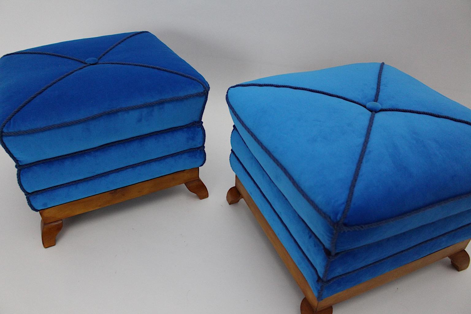 Art Deco Stools Poufs Tabourets Angular Pagoda Blue Velvet Maple, Austria, 1920s For Sale 8