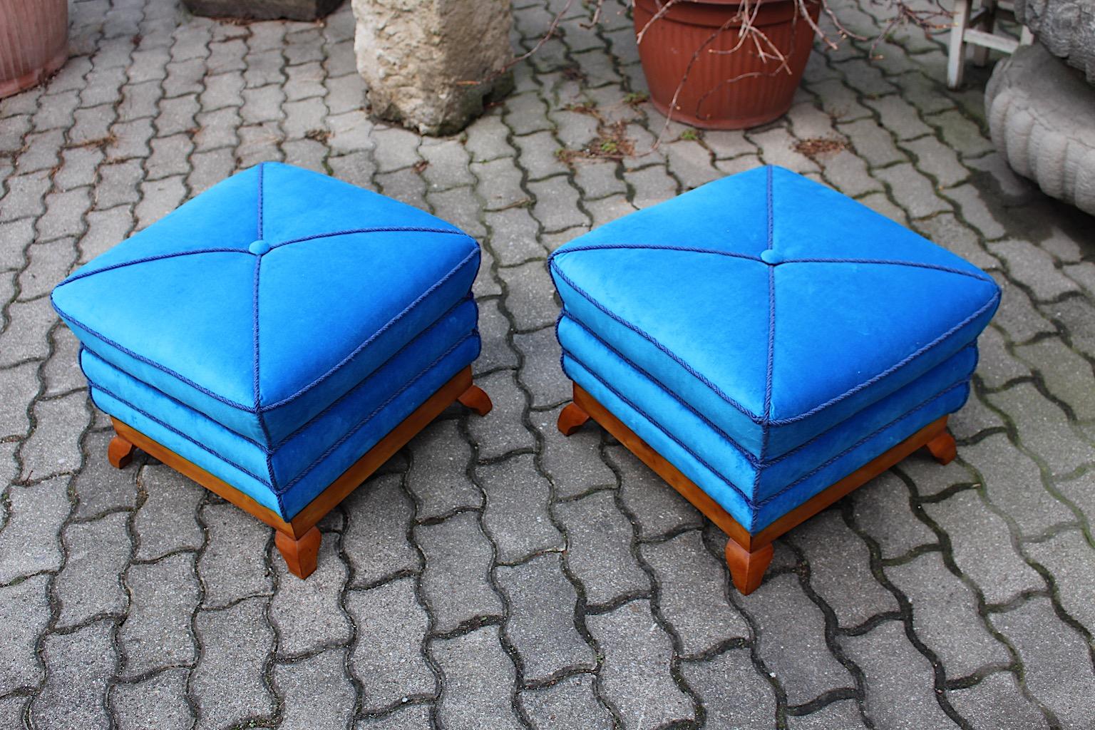 Art Deco Stools Poufs Tabourets Angular Pagoda Blue Velvet Maple, Austria, 1920s For Sale 10