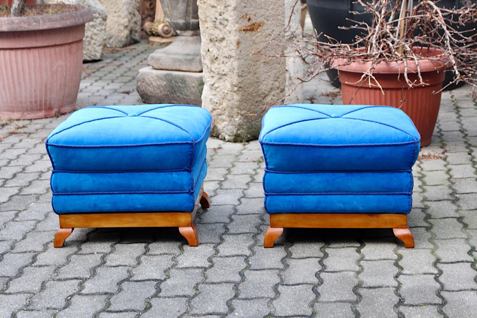 Art Deco Stools Poufs Tabourets Angular Pagoda Blue Velvet Maple, Austria, 1920s In Good Condition For Sale In Vienna, AT