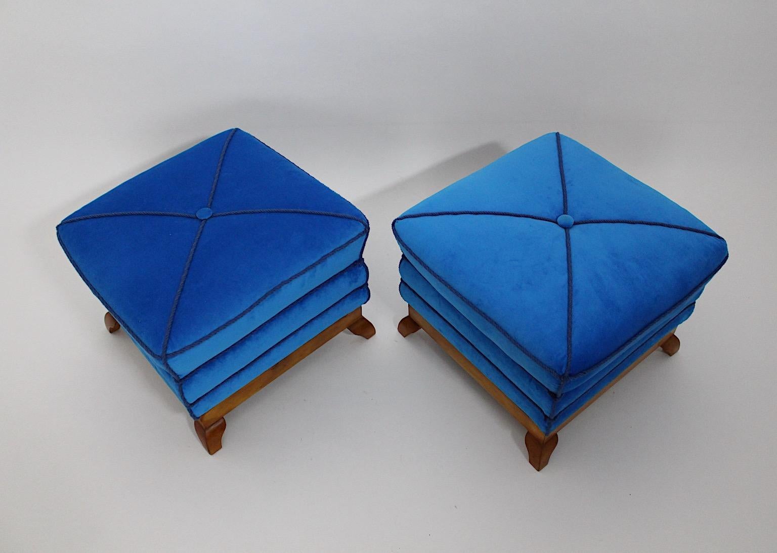 Art Deco Stools Poufs Tabourets Angular Pagoda Blue Velvet Maple, Austria, 1920s For Sale 4