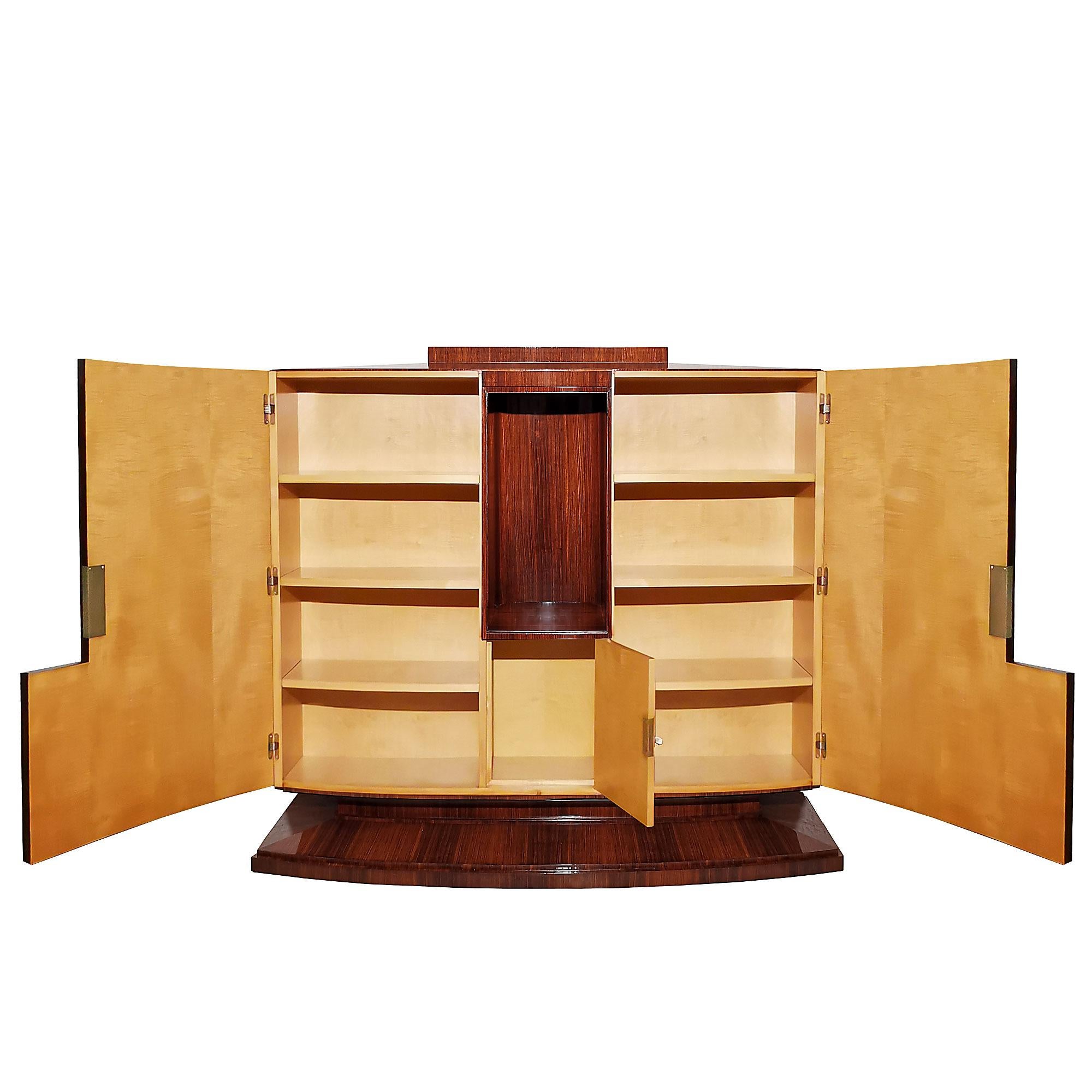 French Art Deco Storage Cabinet, Mahogany, Sycamore, Curved Doors, Shelves - France For Sale