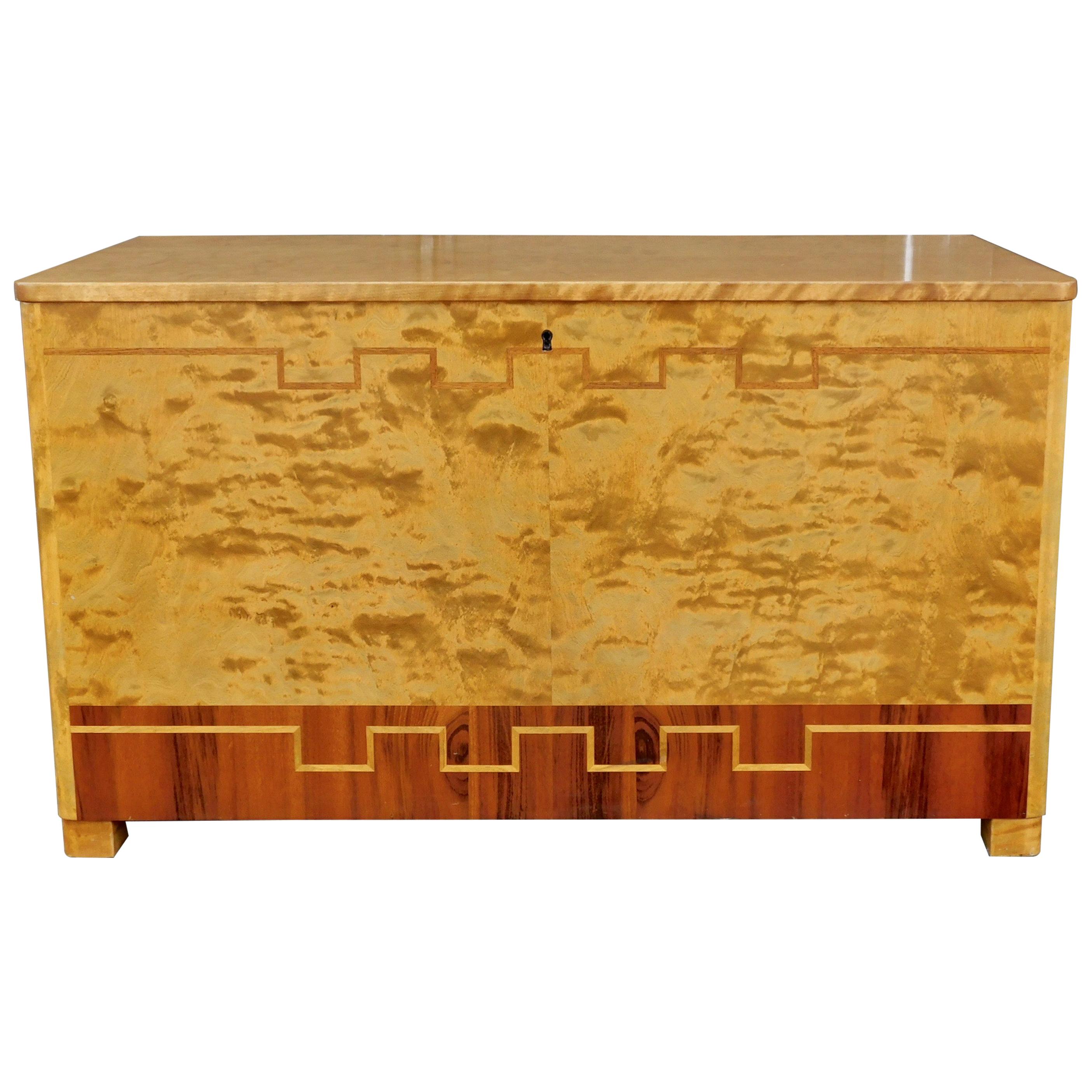 Art Deco Storage Chest Rendered in Golden Flame Birch and Rosewood, Sweden 1930s