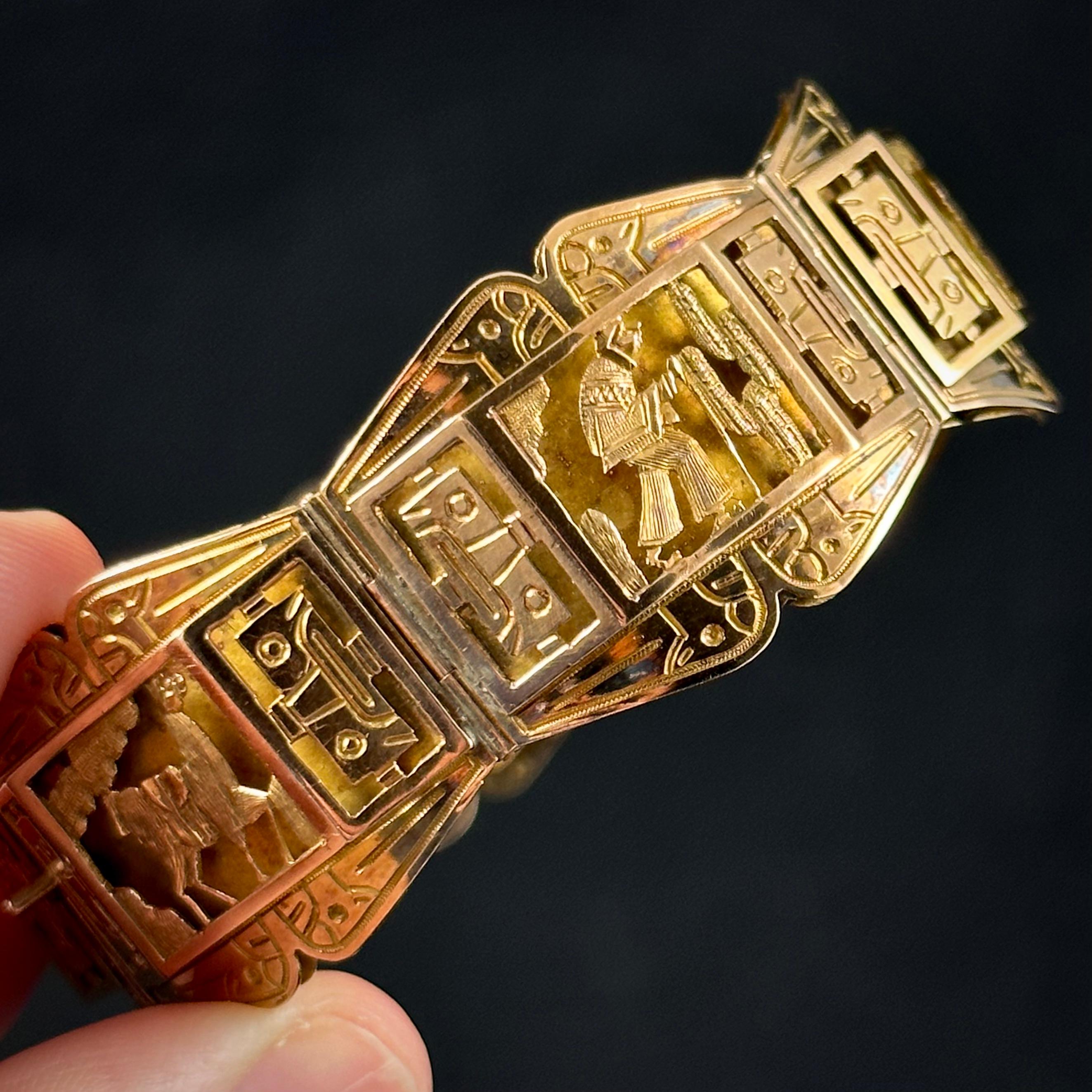 Art Deco Storyteller Andean Indigenous Scenes Panel Bracelet Rose Gold Peru 1930 For Sale 8