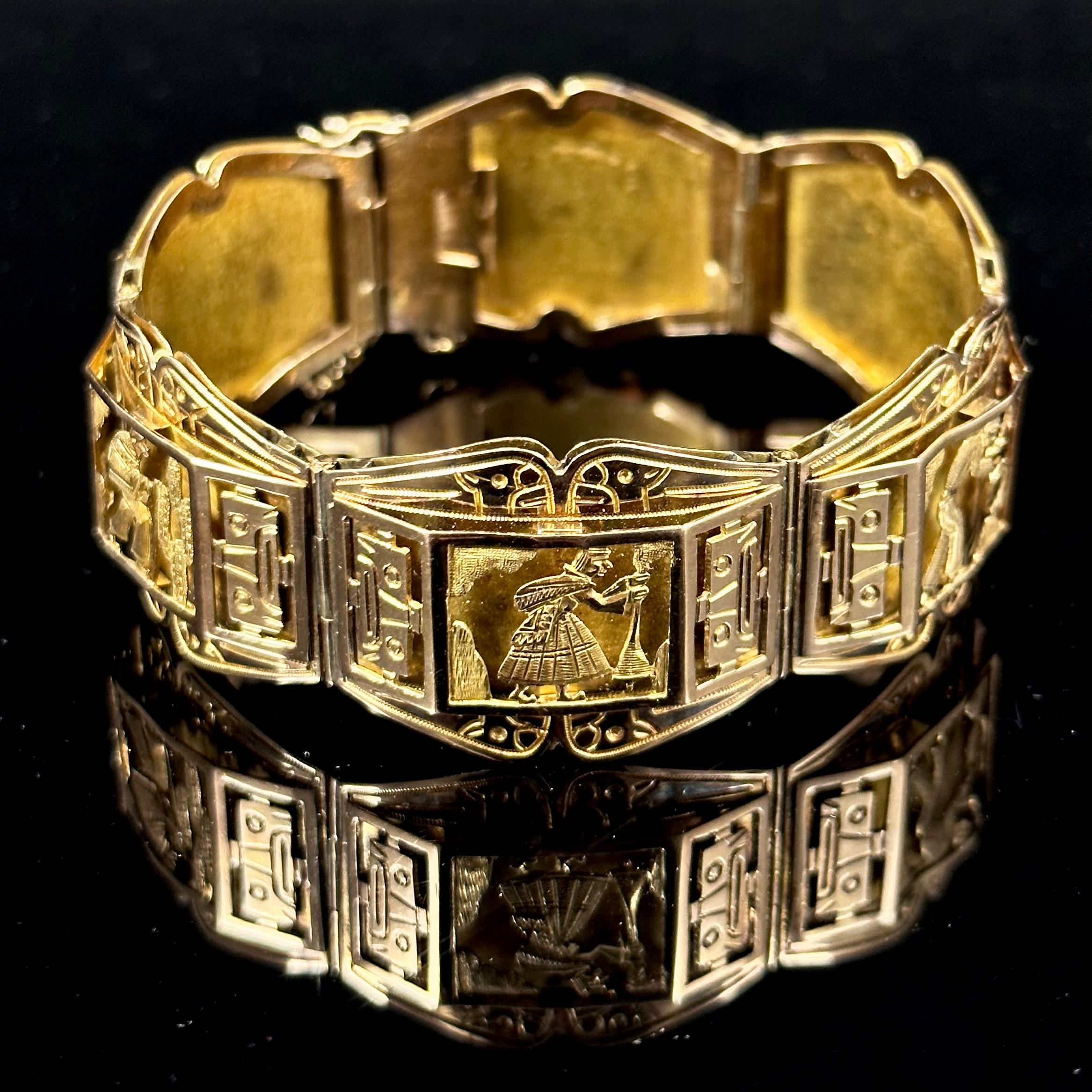 A superb Art Deco storyteller panel link bracelet with Andean indigenous scenes in 18kt rose gold, possibly Peruvian, 1930s. This superb jewel is modeled as a sequence of six oblong panels of scalloped borders with chiseled decoration of traditional