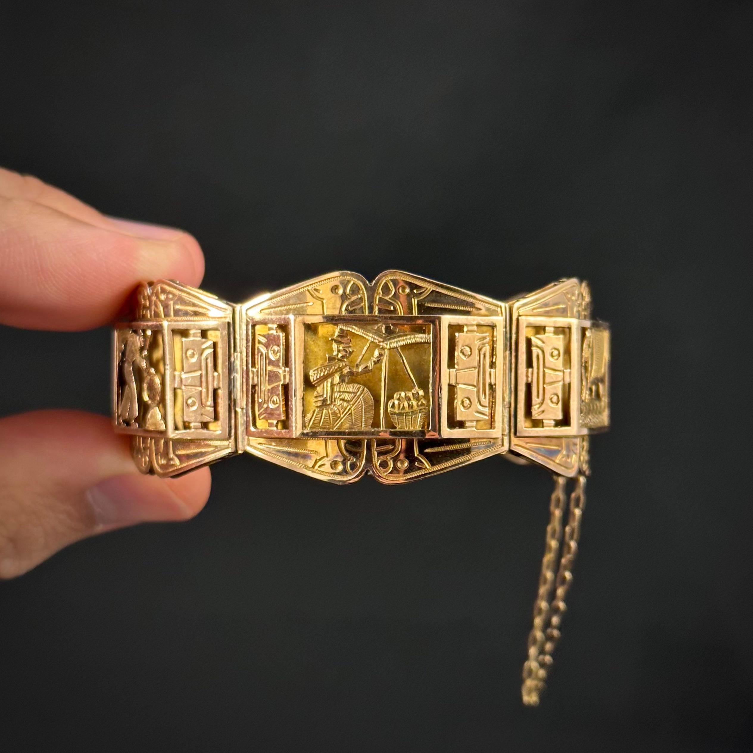 Women's or Men's Art Deco Storyteller Andean Indigenous Scenes Panel Bracelet Rose Gold Peru 1930 For Sale