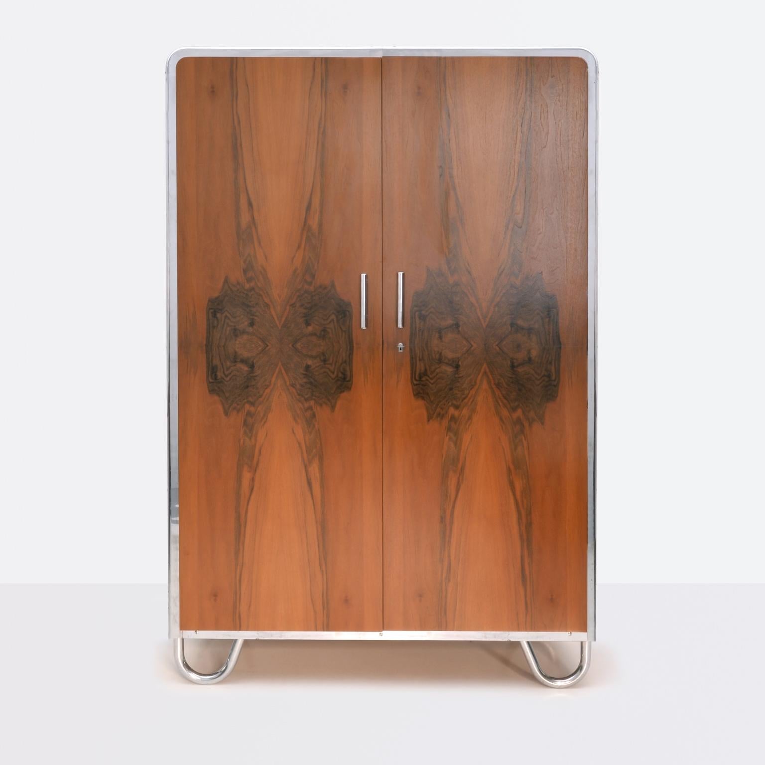 Czech Art Deco-Streamline 2-Door Wardrobe, Chrome-Plated Metal, Walnut Veneer, c 1935
