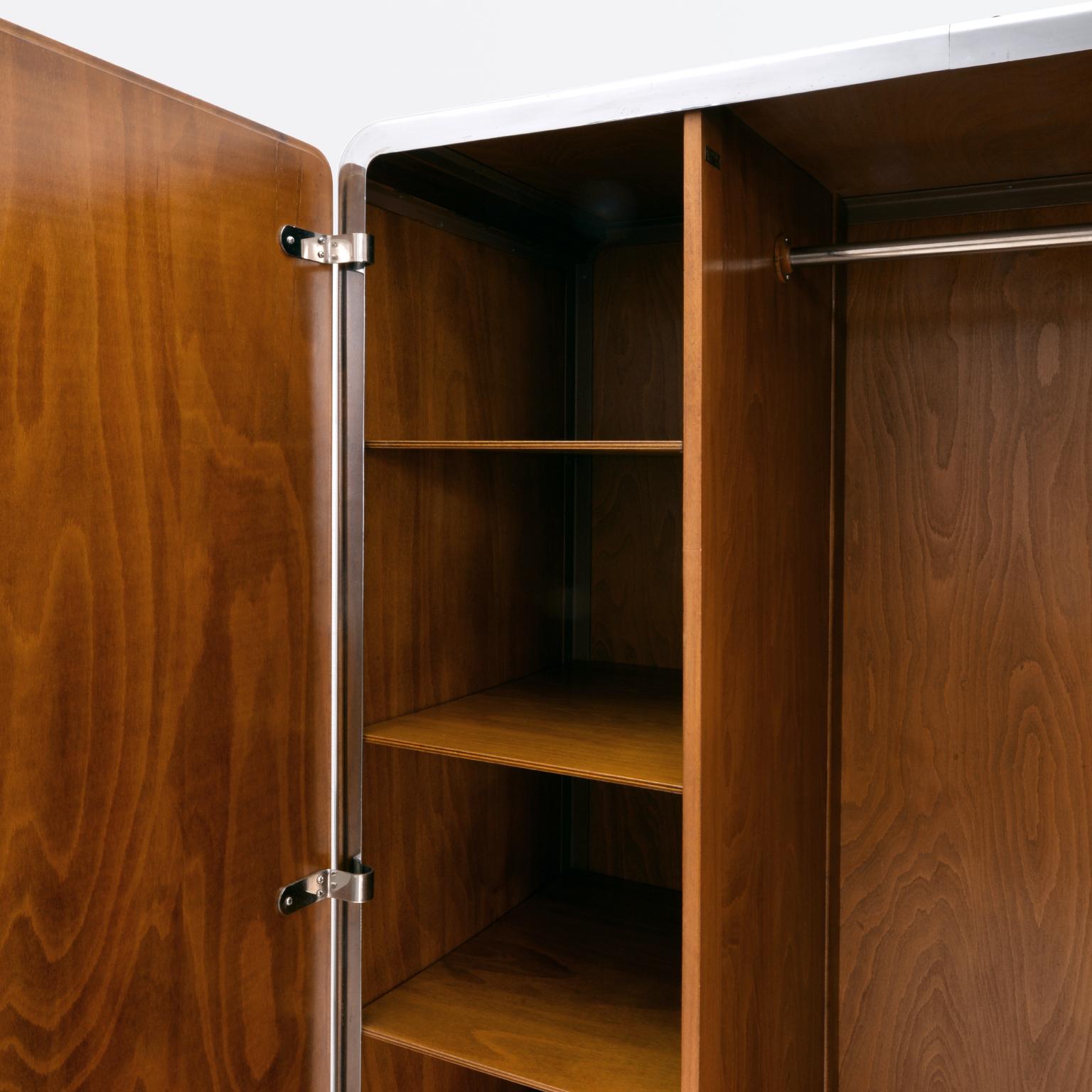 Mid-20th Century Art Deco-Streamline 2-Door Wardrobe, Chrome-Plated Metal, Walnut Veneer, c 1935