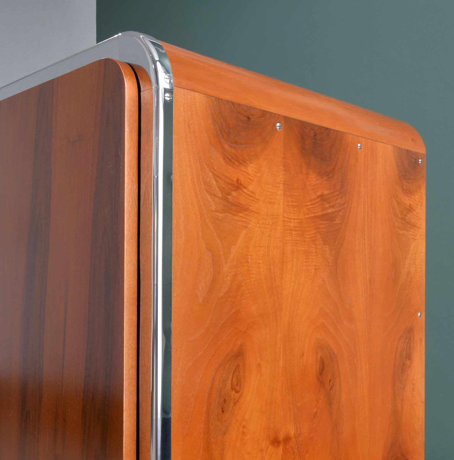 Mid-20th Century Art Deco-Streamline 2-Door Wardrobe, Chrome-Plated Metal, Walnut Veneer, c. 1935 For Sale