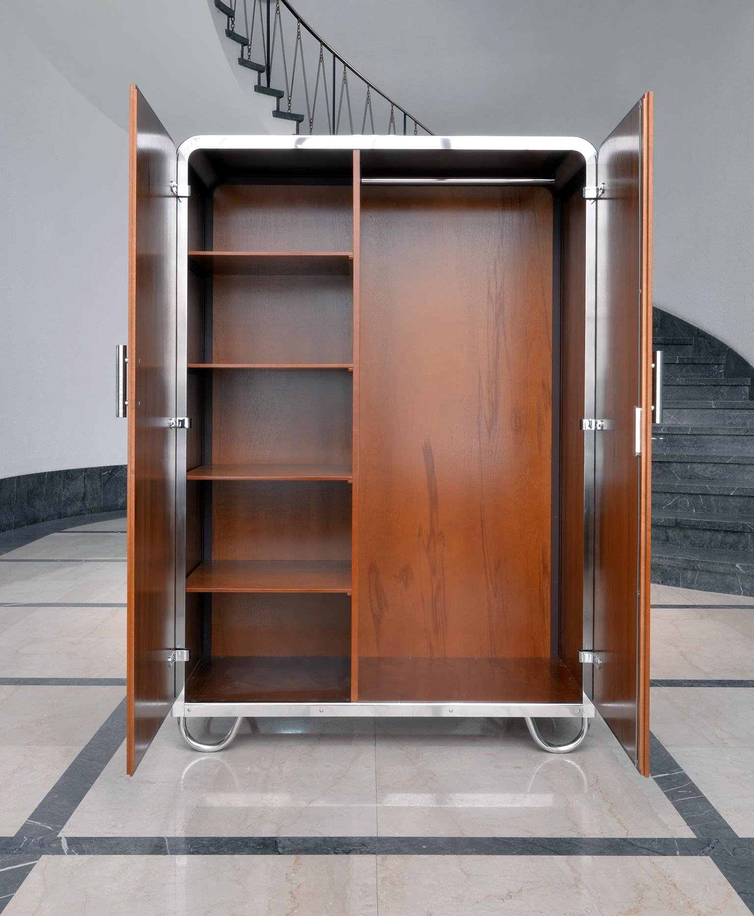Czech Art Deco-Streamline 2-Door Wardrobe, Chrome-Plated Metal, Walnut Veneer, c. 1935 For Sale