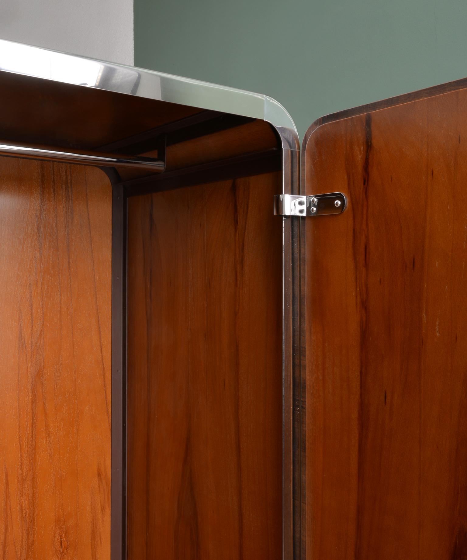 Art Deco-Streamline 2-Door Wardrobe, Chrome-Plated Metal, Walnut Veneer, c. 1935 For Sale 1