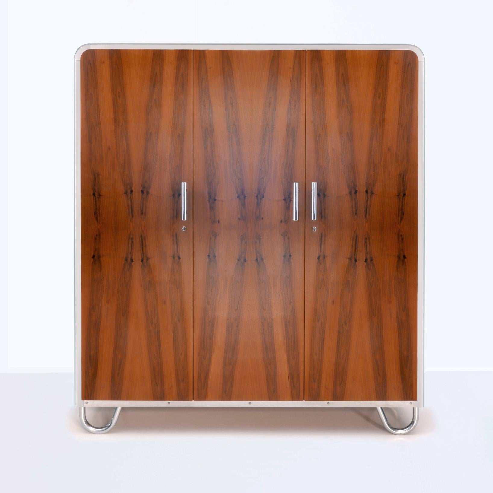 Czech Art Deco-Streamline 3-Door Wardrobe, Chrome-Plated Metal, Walnut Veneer, c 1935 For Sale