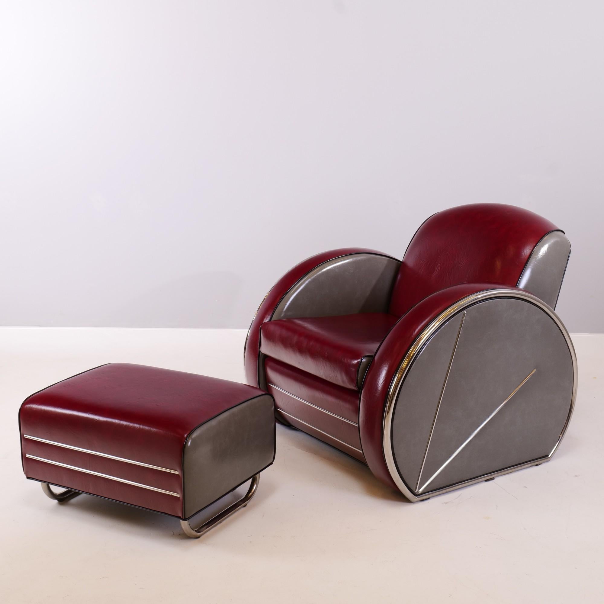 Streamlined Moderne Art Deco Streamline Clubchair + Ottomane Attributed to Donald Deskey