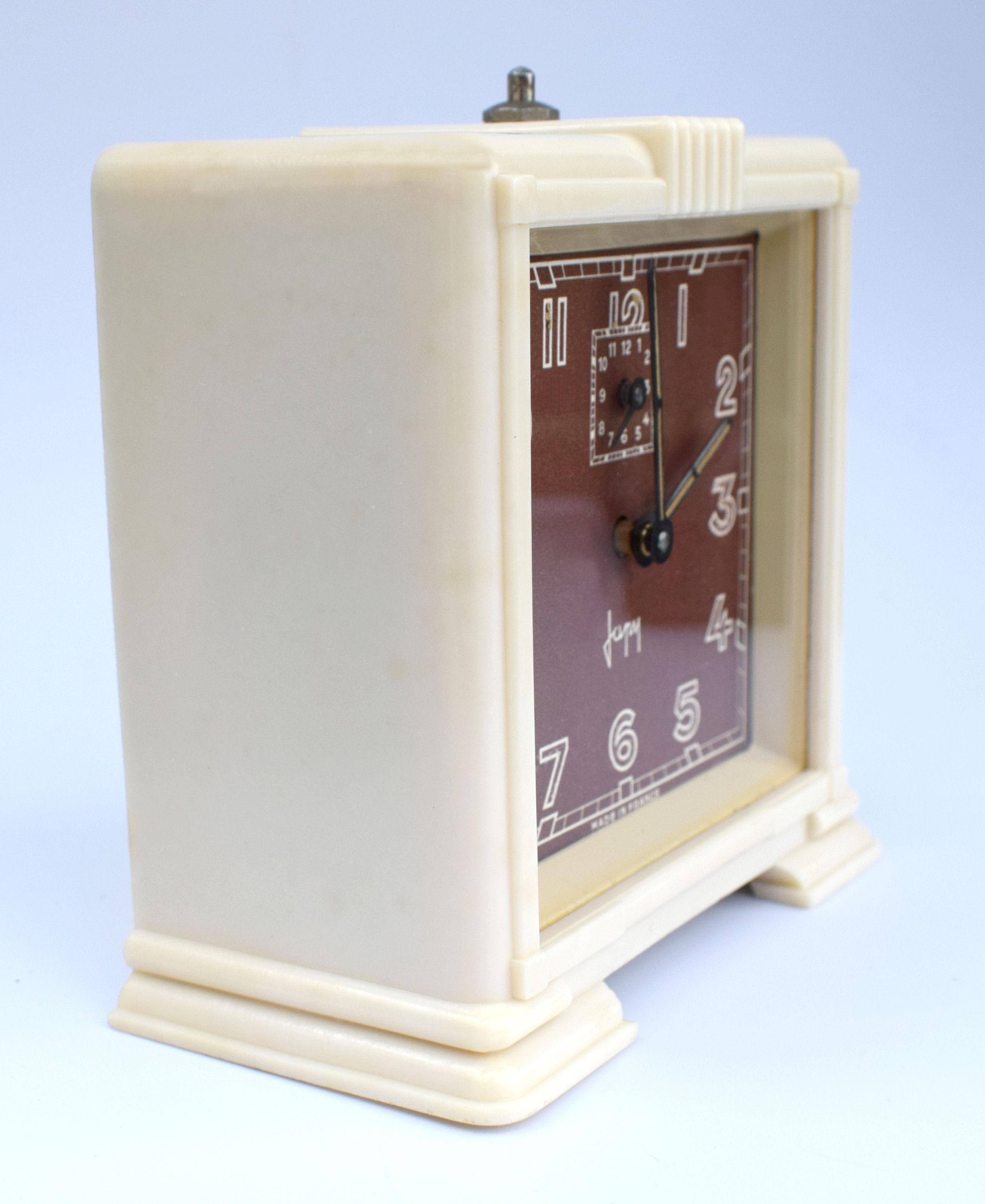 French Art Deco Streamline Cream Bakelite Alarm Clock by Japy, circa 1930
